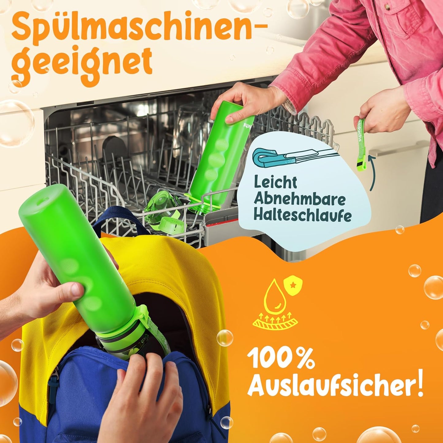 Funkelfuchs® - Trinkflasche für Kinder - 500ml, grün - mit Kohlensäure - 100% auslaufsicher - Wasserflasche spülmaschinenfest - für Kindergarten, Schule, Sport