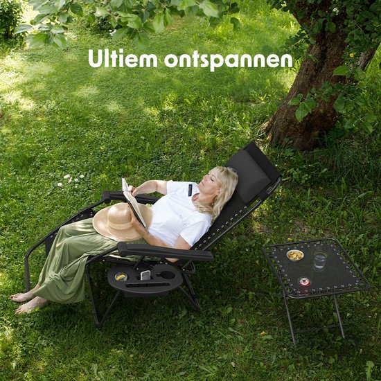 LifeGoods Liegestühle - klappbar - Komplettset - mit Beistelltisch - 30°-90° verstellbar - Gartenstühle - Metall - Schwarz