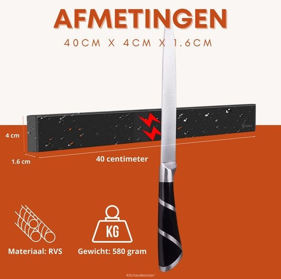 KitchenMonster® Messer Magnet Messerblock 40 cm - Magnetischer Messerhalter Inklusive Klebeband (3M) und Schraubbefestigung - Messer Magnetstreifen Edelstahl Schwarz