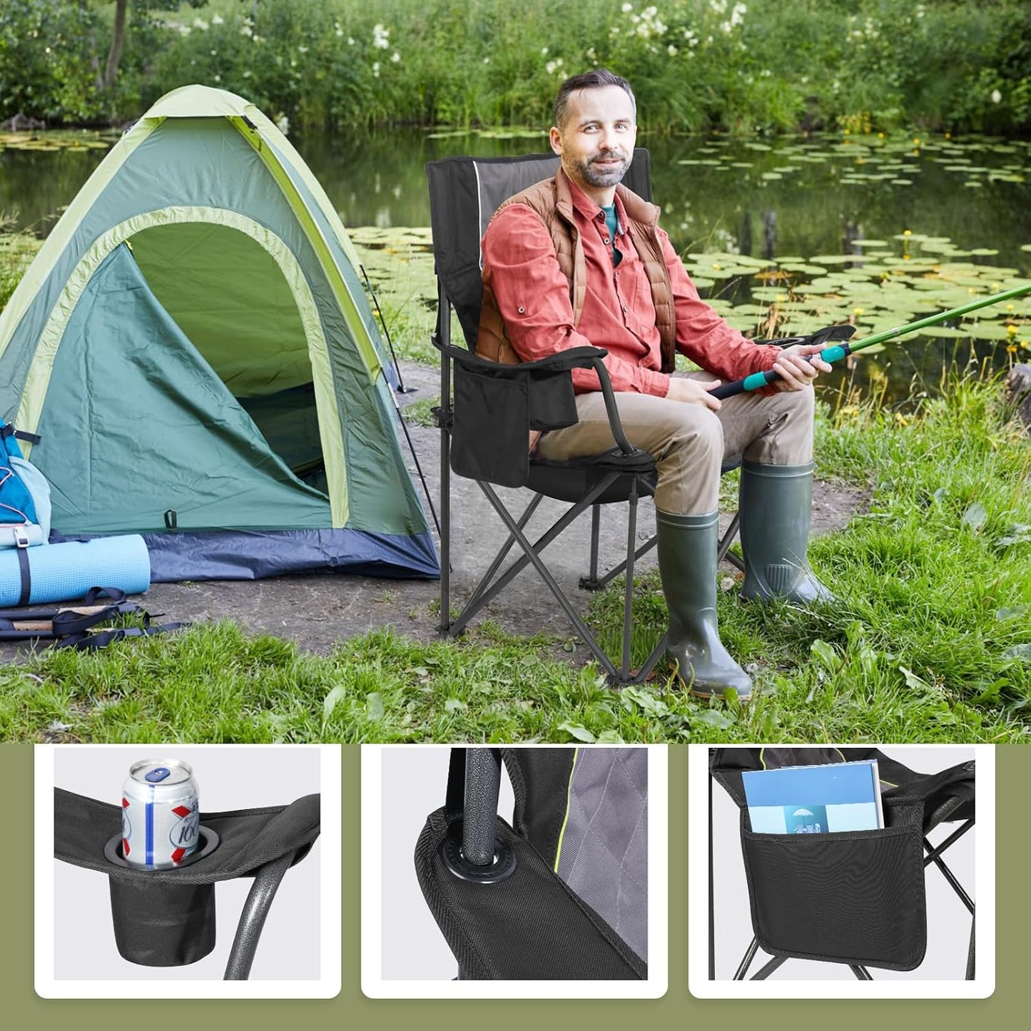 Join Nature Klappbarer Campingstuhl – Schwarz – 56 x 94 x 97 cm – Belastbar bis 227 kg