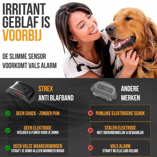Strex - Anti-Bellband für Hunde - 3-60kg - kein Schock - Vibration und Audio - IP67 Wasserdicht - Schwarz