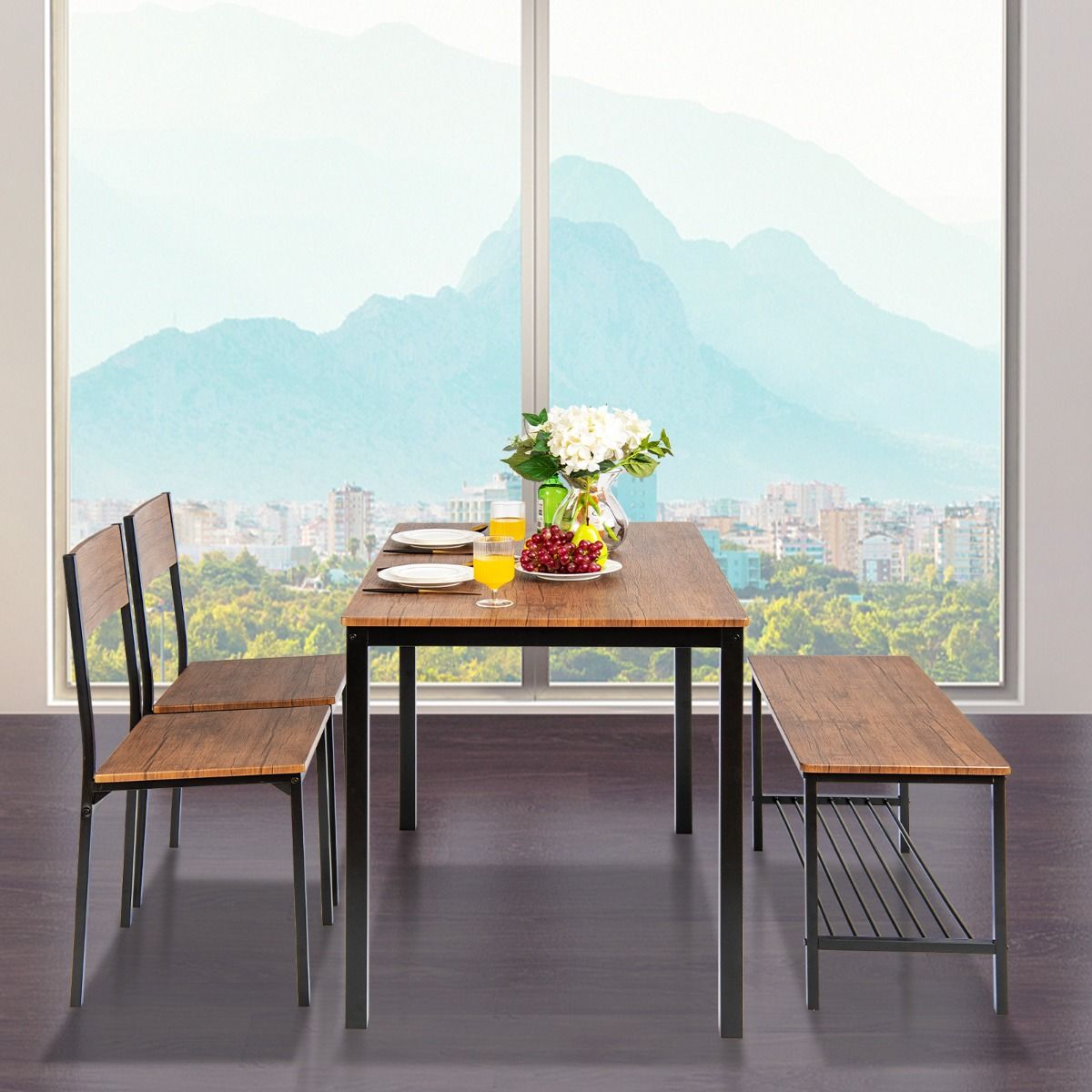 Coast 4-teiliges industrielles Küchentisch und Stuhl Set Braun 110x70x76 cm Tisch + 2 Stühle + Bank