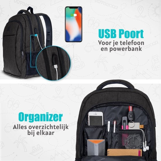 TRVLMORE Rucksack - 36L - 17.3 Zoll - Laptop-Rucksack - Schultasche - Unisex - Spritzwassergeschützt Anthrazit