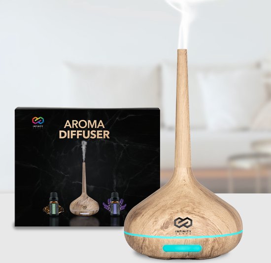 Infinity Goods Aroma Diffuser Inkl. 2x 10ml reines ätherisches Öl - Luftbefeuchter - Verdampfer - 10 LED Farben - Aromatherapie - Duftdiffusor - Holz Braun