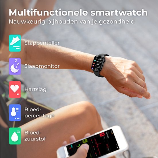 Nuvance - Smartwatch für Männer und Frauen mit Bluetooth - IP68 Wasserdicht - Geeignet für alle Smartphones - Schrittzähler und Herzfrequenzmesser - Schwarz