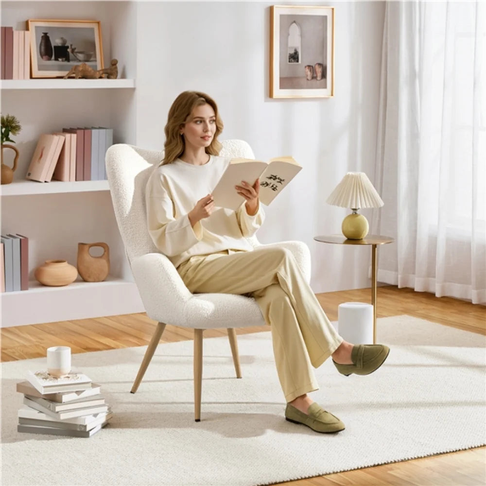 Yaheetech Bouclé-Akzentstuhl / Sessel 67,5 x 70 x 97,5 cm – Stimmungsvolles Elfenbein – Polyester-Bouclé und Metall