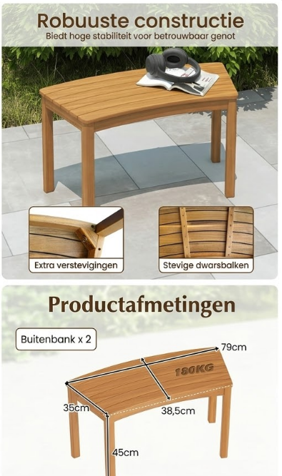 Coast 2er-Set Gartenbänke aus Holz - Akazienholz - Wetterfest - 180 kg belastbar - Natur