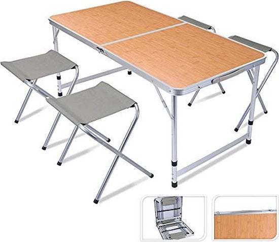Redcliffs - Campingtisch mit 4 Stühlen - Relax Living - 120 x 60 x 40cm - Grau/Holz