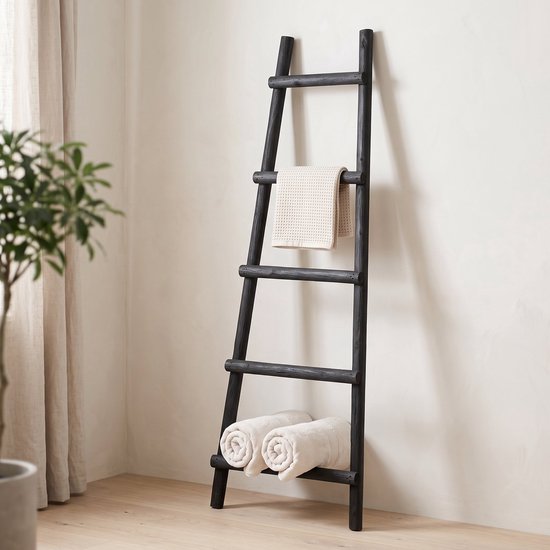 Cheqo® Dekorationsleiter – Handtuchleiter – Dekorationsleiter aus Holz – Schwarze Dekorationsleiter - Leiterregal – Handtuchhalter – Zierleiter – Badezimmerleiter – Kleiderleiter – Dekorative Leiter für den Innenbereich – Leiter für Plaids – Wohnleiter
