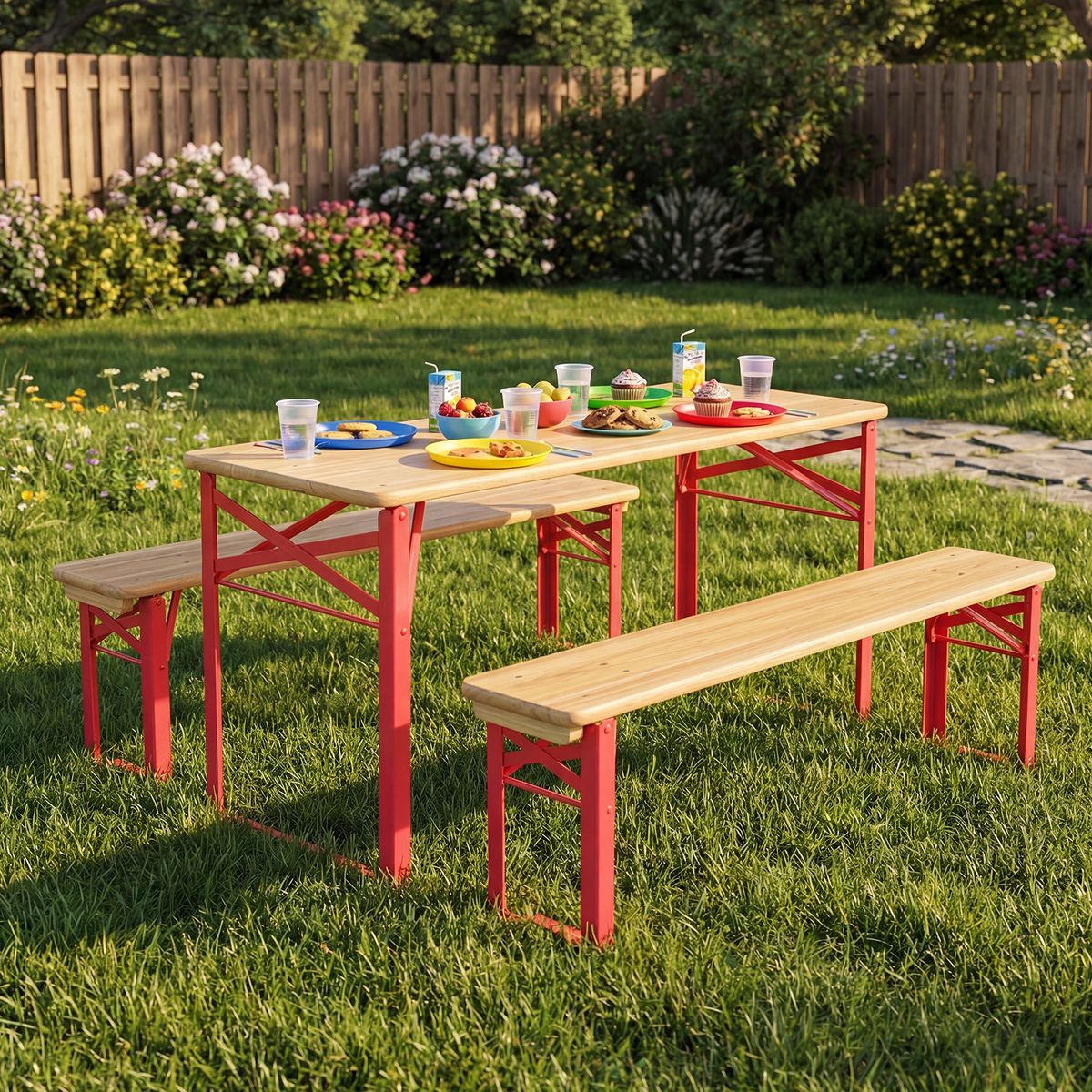 Coast Kinder-Picknick-Set – klappbarer Picknicktisch mit 2 Bänken – Fichtenholz und Metall – rot