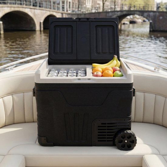 Auronic Electric Cool Box - Kompressor - 2 Zonen - 45L - 12/24V und 240V - Kühlen und Gefrieren - Campingkühlschrank - Frigobox Auto - Mit Rädern und Griff - Schwarz