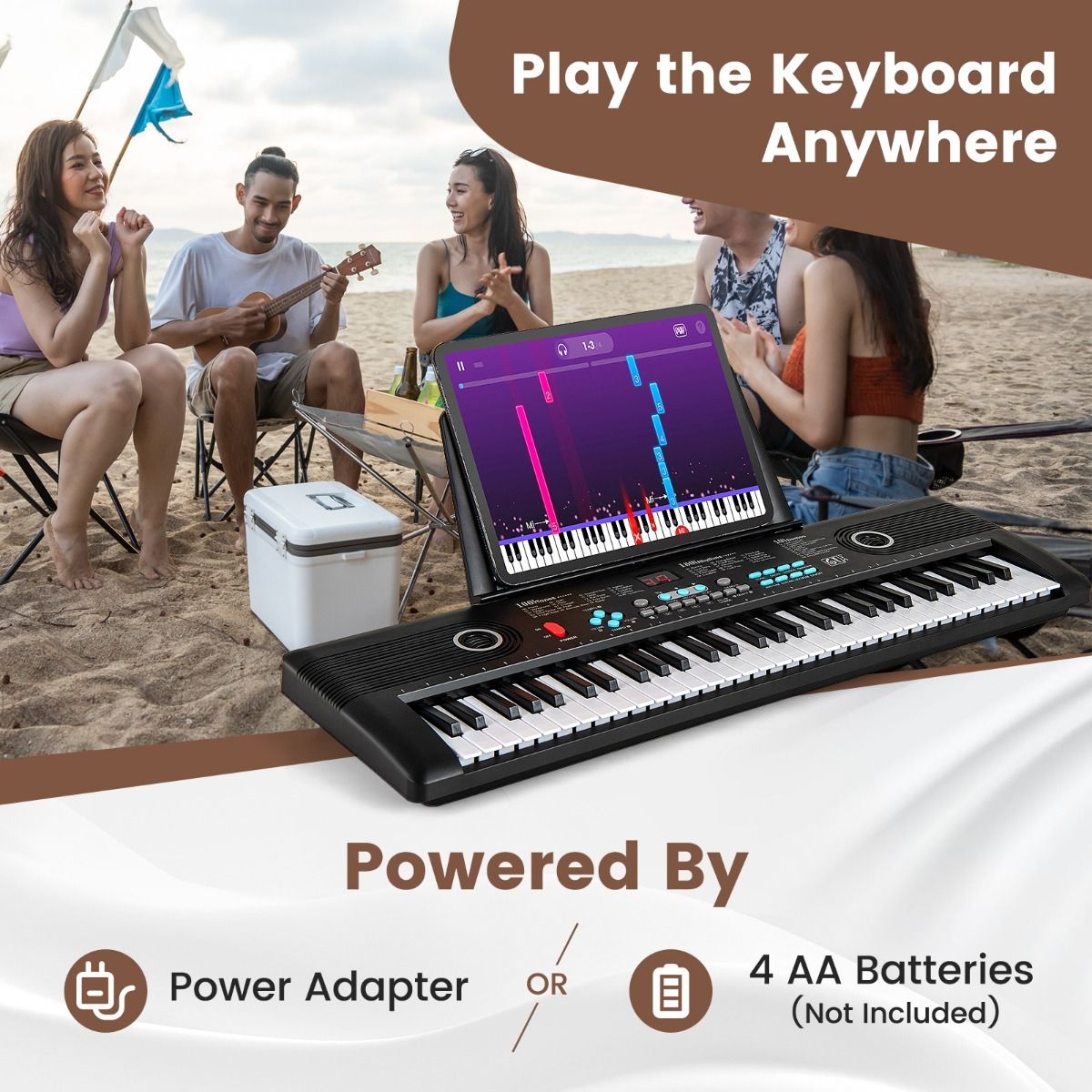 Coast Kinderkeyboard mit 61 Tasten, Ständer, Mikrofon und Tragetasche – 58 x 18 x 5 cm – Schwarz