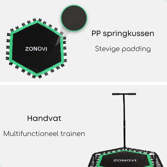 Zonovi Fitness Trampolin - Kapazität 250 KG - Mini-Trampolin - Kleines Trampolin - Sport-Trampolin - Rebounder - Bouncer - Mit Gummibändern - Schwarz - Grün - 106 cm - 42 in.