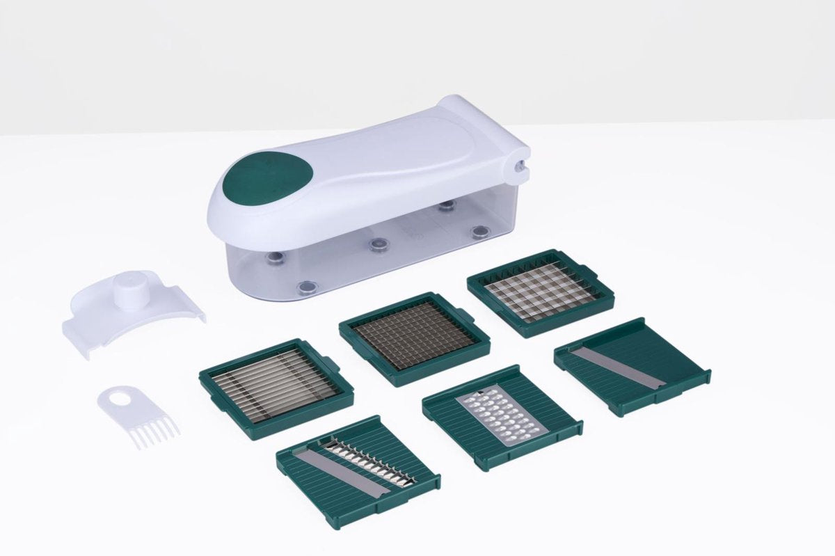 alpina Mandoline Gemüseschneider 9-teilig - Manueller Küchenschneider mit 6 Klingen - Weiß/Transparent - 30 x 12 x 8 cm