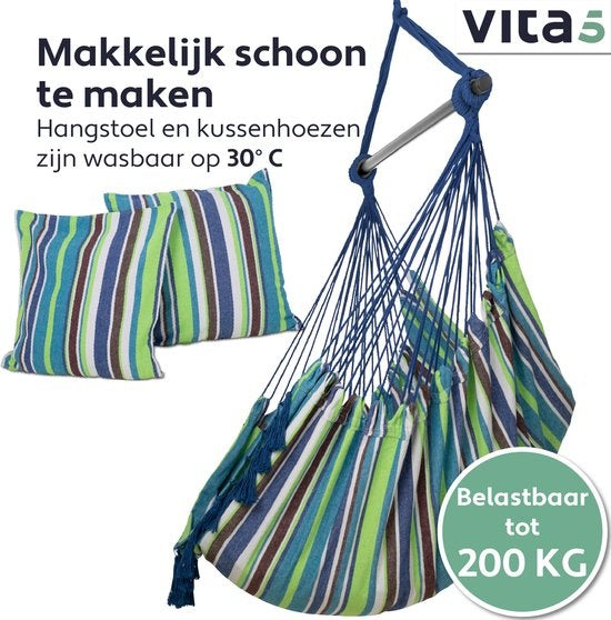 Vita5 XXL Hängesessel - Innen und Außen - Inkl. 2 Kissen - Buchfach - Erwachsene - Kinder - Maximale Belastbarkeit 150kg - Blau/Grün/Weiß