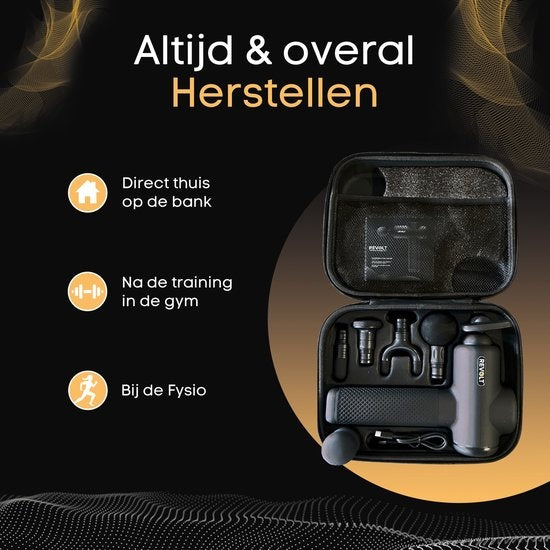 Revolt® Luxus-Massagepistole - extra stark - für die Erholung der Muskeln und bei Verletzungen - hohe Amplitude - 6 verschiedene Geschwindigkeiten - 6 Aufsätze - Luxus-Aufbewahrungskoffer