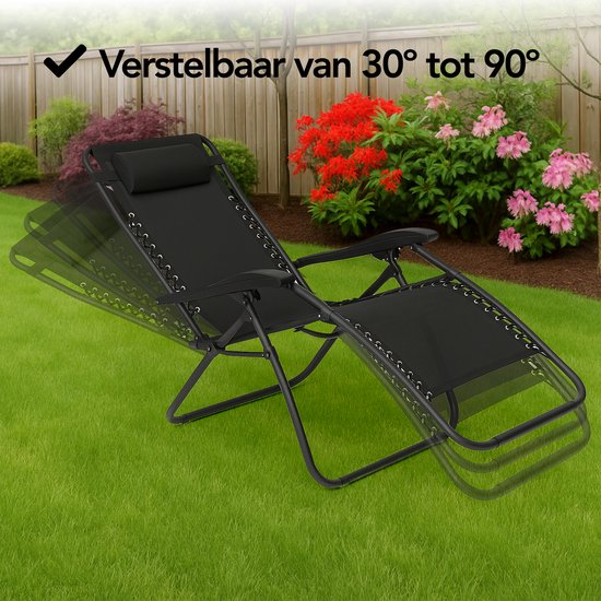 Brixy Faltbarer Gartenstuhl - Liegestuhl - Faltbar - Verstellbar - Ergonomisches Kopfkissen - Metall - Textil - Schwarz
