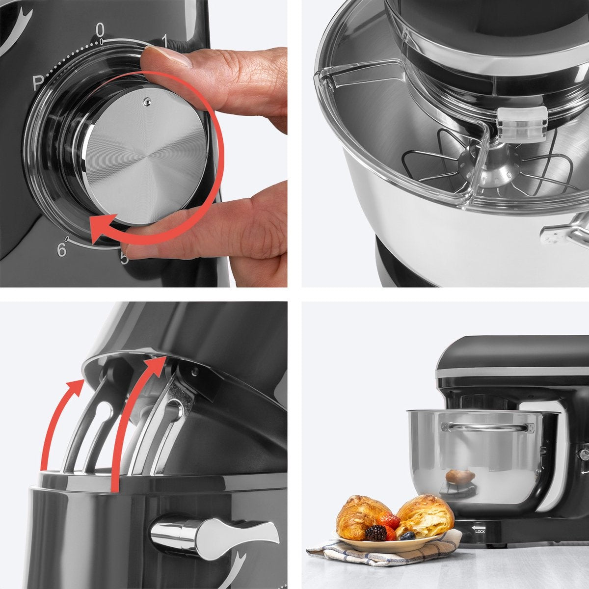 KitchenBrothers Küchenmaschine - Küchenmixer mit 6L-Edelstahl-Mixschüssel - Küchenroboter - 1400W - Anthrazit