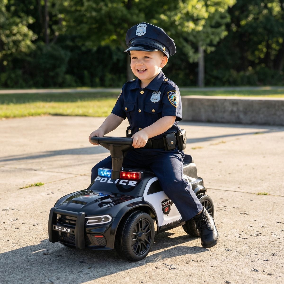 Coast Elektrisches Polizeiauto für Kinder – Blaulicht und Musik – Stauraum unter dem Sitz – Schwarz
