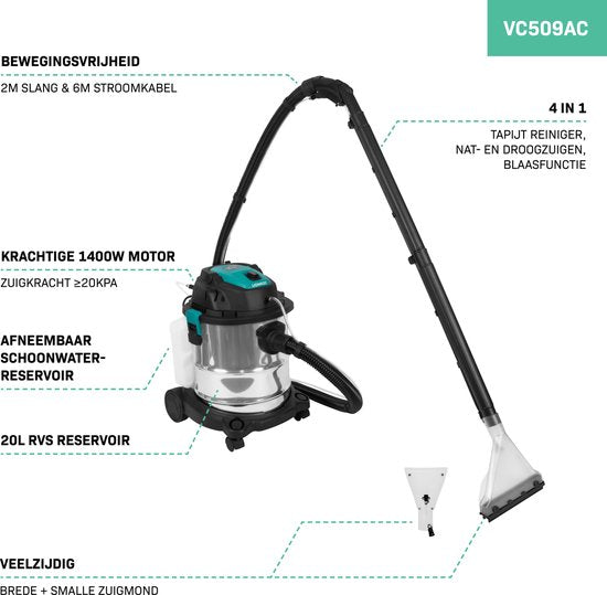 VONROC Teppichreiniger - 1400W - Zum Nass- und Trockensaugen - inkl. Reinigungsmittel - Schwarz