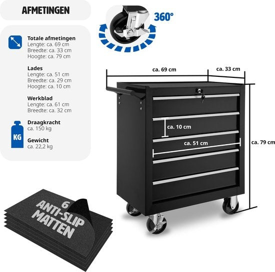 tectake - Werkzeugwagen mit 5 Schubladen - schwarz - 402797