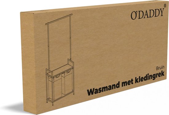 O'DADDY® Wäschekorb 2 Fächer mit Kleiderstange - 92 Liter - Ausziehbarer Wäschesortierer - Wäschekorb - Wäscheständer - Wäschebox - Doppelter Wäschekorb - Schwarz/Braun