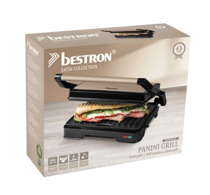 Bestron APM700SAT Panini-Grill – 850 W – 23 x 14,5 cm – Antihaftbeschichtung – 28,3 x 23,6 x 7,8 cm – Schwarz