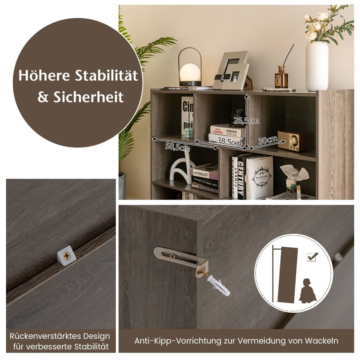 Coast Bücherregal Grau - Offenes 3-Schicht-Regal mit 8 Fächern - 122 x 32 x 93 cm