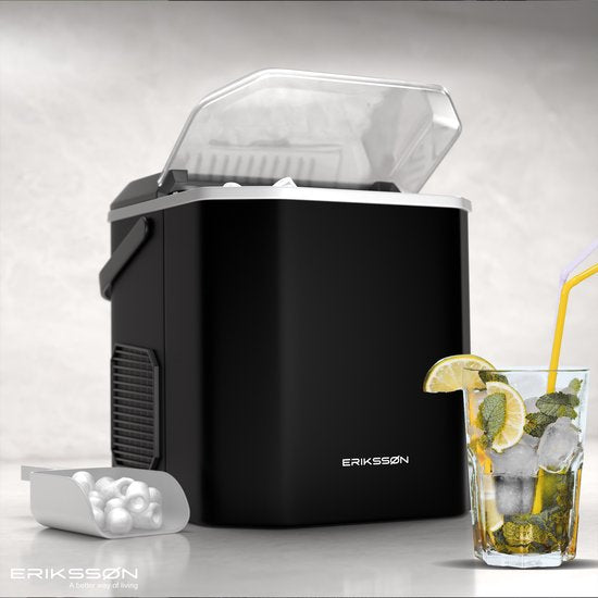 Erikssøn Eiswürfelmaschine - Eiswürfelbereiter - Inkl. Eisportionierer - 12kg/24 Std. - 9 Würfel / 6 Min. - Tragbar - Selbstreinigungsfunktion - Schwarz