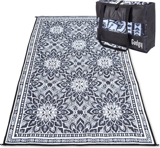 Gadgy Outdoor Teppich XXL - Outdoor Teppich 300x200 cm - Gartenteppich Doppelseitig - Picknickdecke Schwarz Weiß - Outdoorteppich