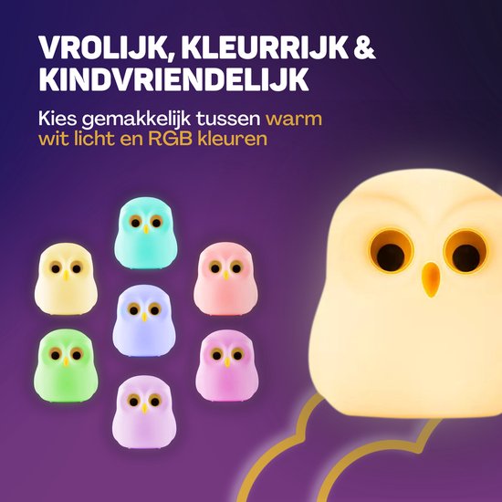 Vulpes Goods® Kinder-Nachtlicht - 8 LED-Farben & Weiß - Babyzimmer-Nachtlicht - Eule - USB wiederaufladbar - Dimmer - Timer - Kabellos - Kinderfreundlich