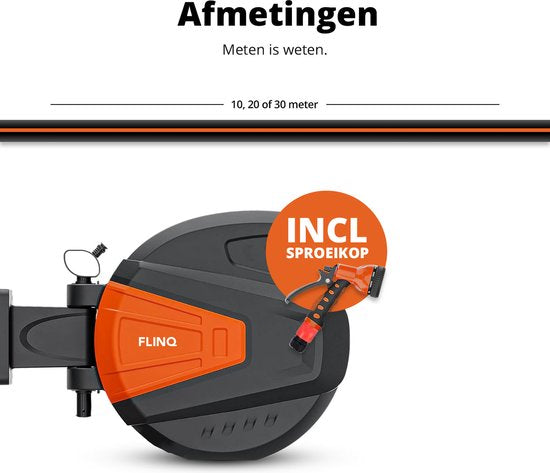 FlinQ Gartenschlauchtrommel 10 Meter - Automatische Schlauchtrommel - 180° drehbare Wandtrommel - Wandschlauchbox mit Gartenschlauch, Trommel und Sprinklerkopf - 9 Sprühmodi