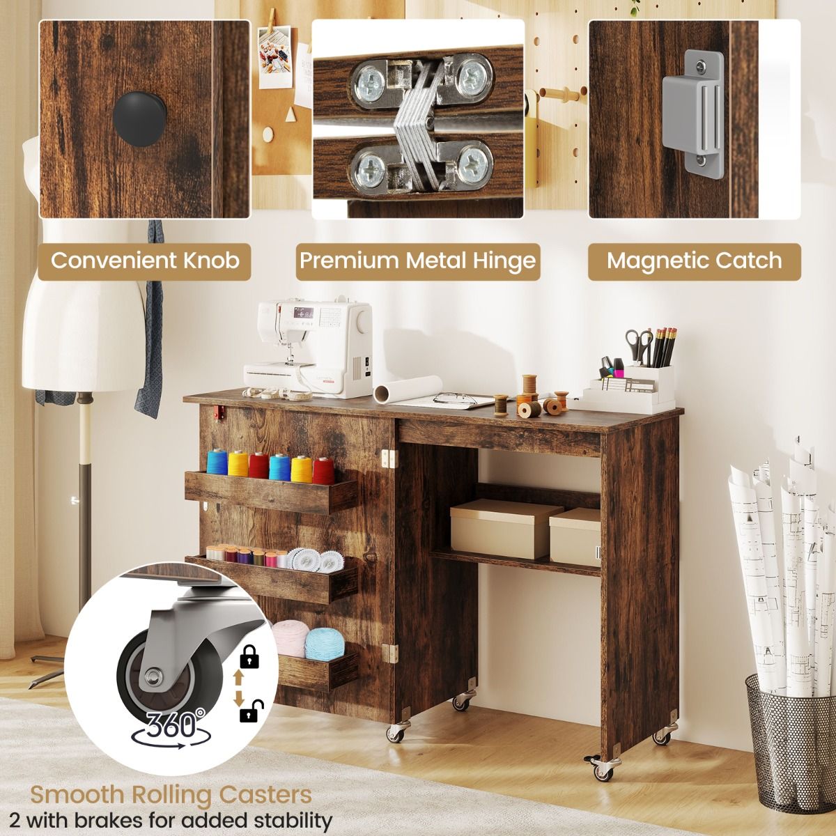 Coast Klappbarer Näh-Tisch – Mobile Bastelstation – Mit Ablagegestell und versteckten Staufächern – Grün 118,5 x 40 x 79,5 cm
