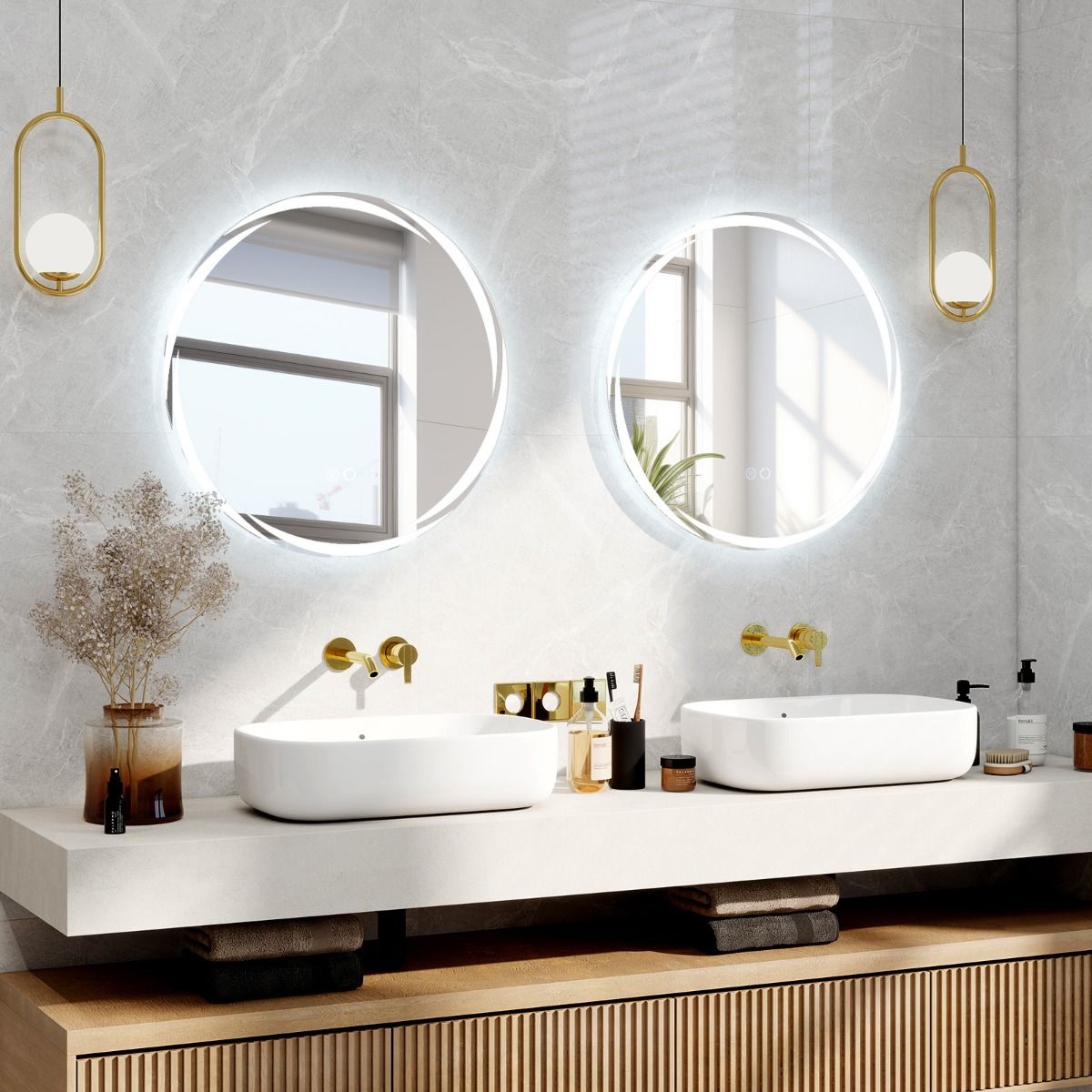 Coast LED-Badezimmerspiegel rund 60x60 cm Silber - Doppelte Beleuchtung - Dimmbar - Anti-Beschlag - 3 Lichtfarben