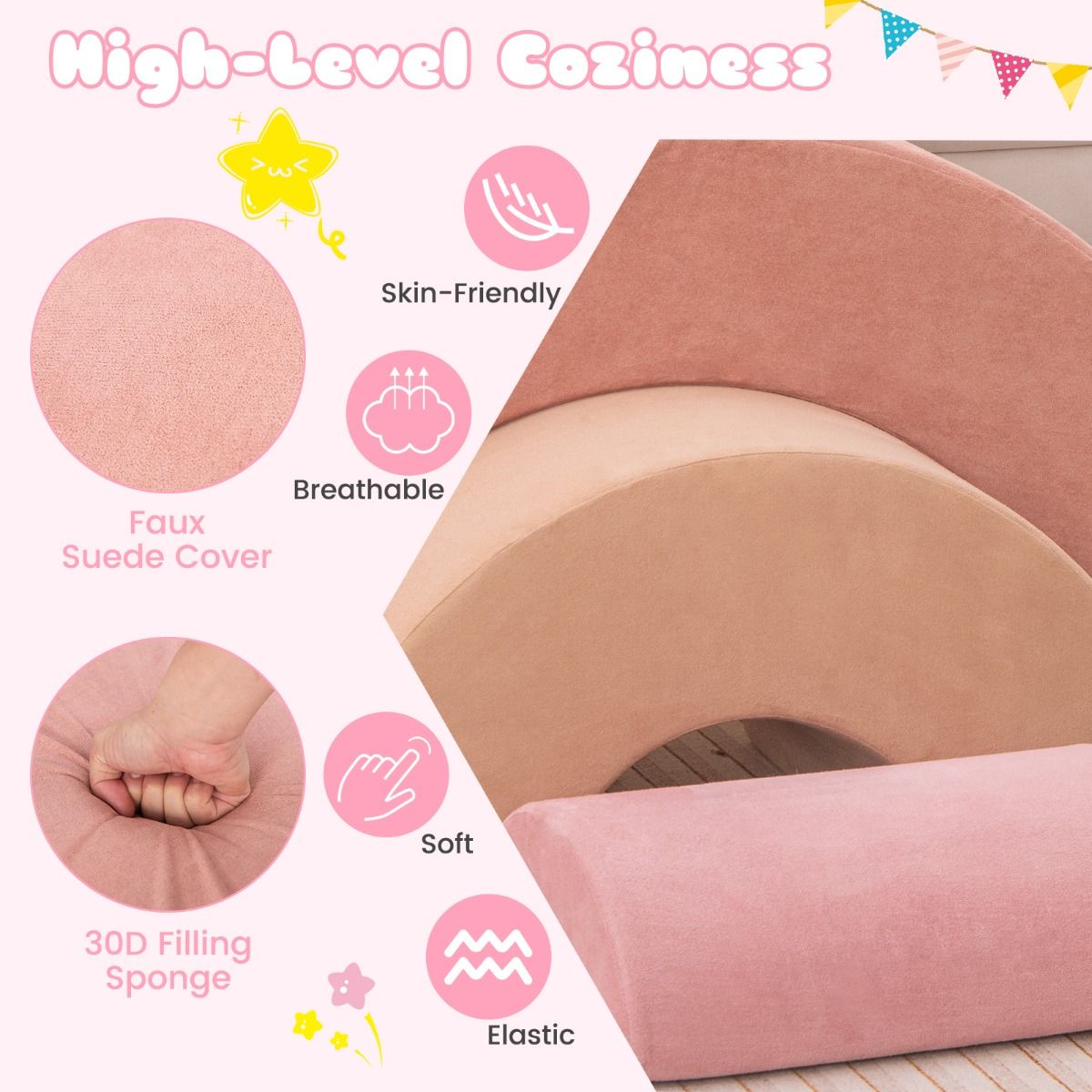 Coast 3-teiliges Kletter-Set aus Schaumstoffblöcken für Kleinkinder – abnehmbarer Bezug – Bogen und Krabbeltunnel – rosa