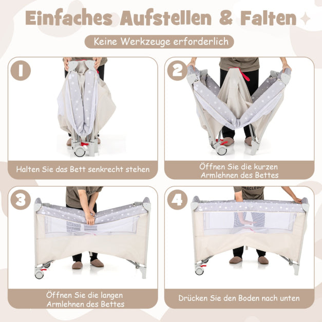 Coast Beistellbett - 5 in 1 - Rollen - Inkl. Matratze - 125 x 65 x 76 cm - Beige