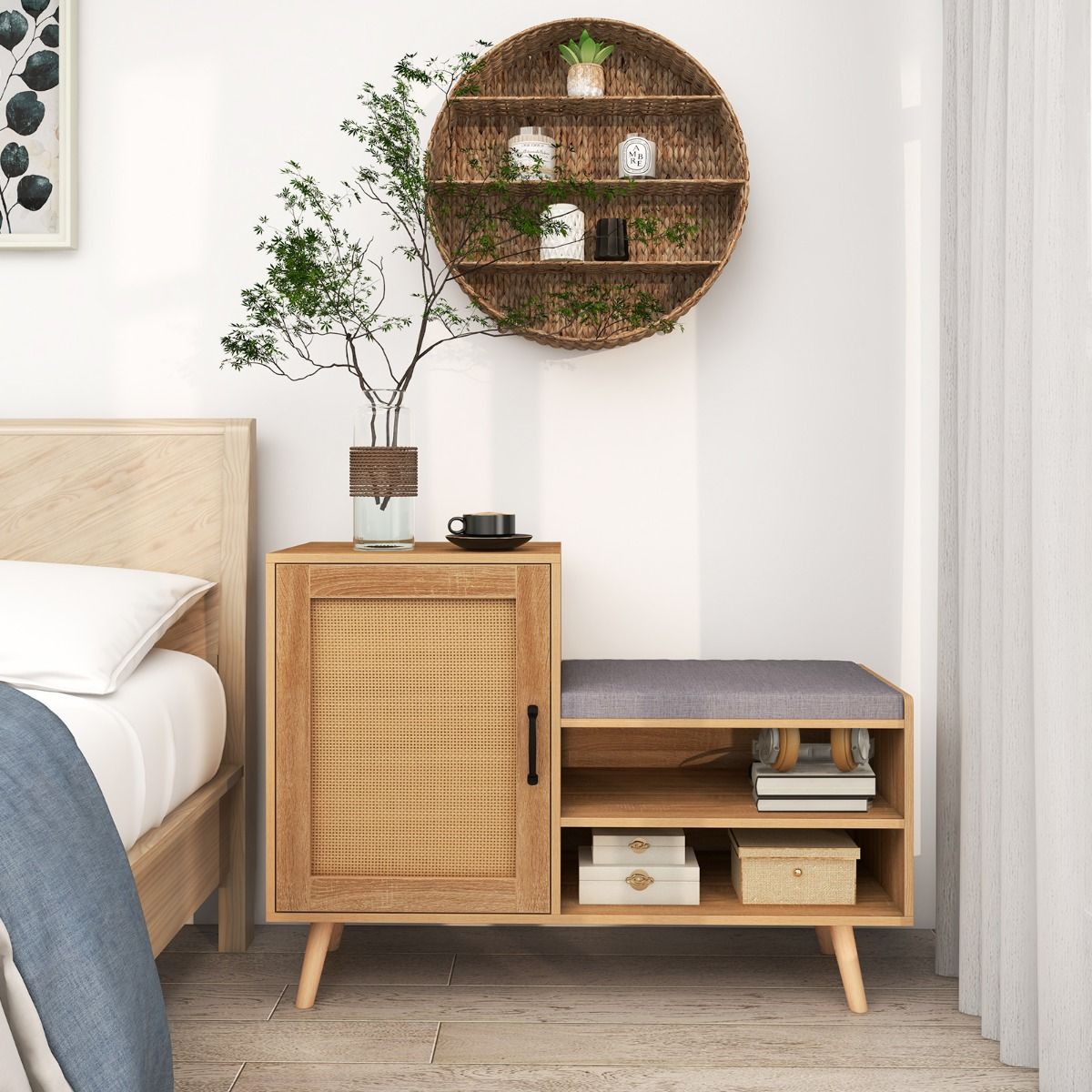 Coast Rattan-Schuhschrank mit Bank 2-in-1 - Natur, 105 x 35 x 76 cm, 3 verstellbare Einlegeböden, Kiefernholzbeine