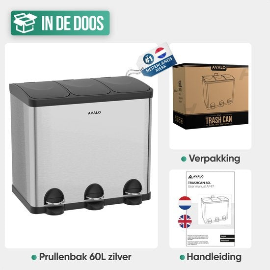 Avalo Mülleimer Abfalltrennung 60 Liter - Edelstahl Silber - 3 Fächer - Umweltbewusst, Hygienisch & Fingerabdruckfrei - Treteimer / Mülleimer