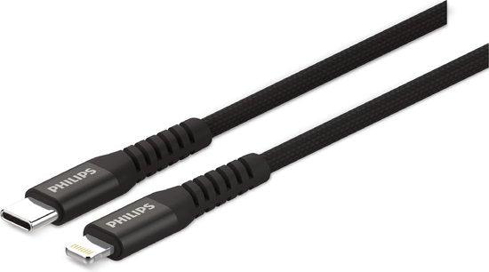 Philips USB-Kabel 3.0 - USB-C zu Lightning - Länge: 2 Meter - Premium-Nylon - Schwarz