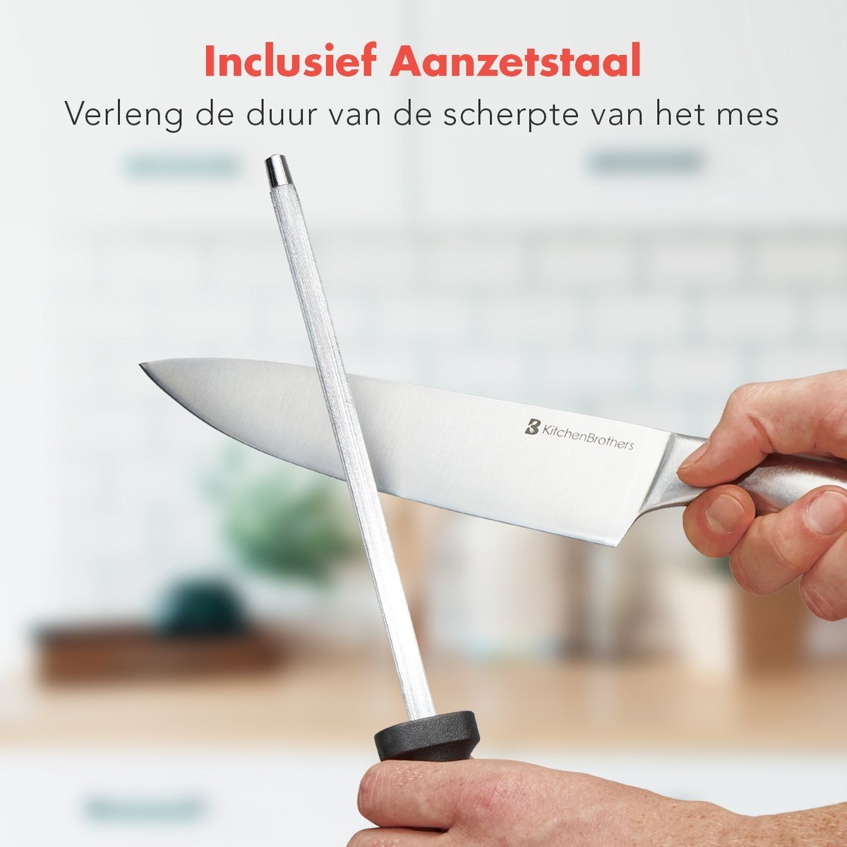 KitchenBrothers Messerset - Messerblock - 16-teilig - mit Schere und Wetzstahl - Rubberwood