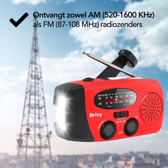 Brixy Emergency Radio - Radio mit Batterie für Notfälle - Aufziehbar - Solar - Taschenlampe - Powerbank - Rot