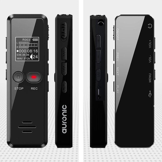 Auronic Digitales Diktiergerät - Diktiergerät - 8GB Speicher - Rauschunterdrückung - USB wiederaufladbar - Abhörgerät - Schwarz