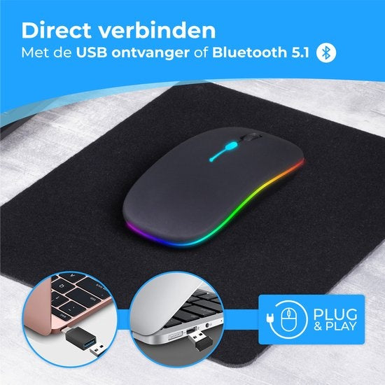Nuvance - Kabellose Maus LED - Bluetooth - Ergonomisch - Laptop und Gaming - Kabellos - Schwarz
