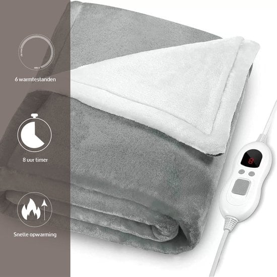 STAUS&BACH - Elektrische Heizdecke - Waschmaschinenfest - Timer - 160x130 cm - Kuscheldecke - 1/2 Person - Grau
