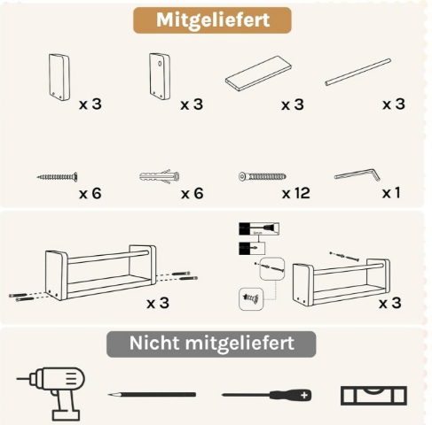 Woltu Wandregal-Set – freihängend – MDF – 3-teilig – 40 x 12 x 10 cm – Weiß