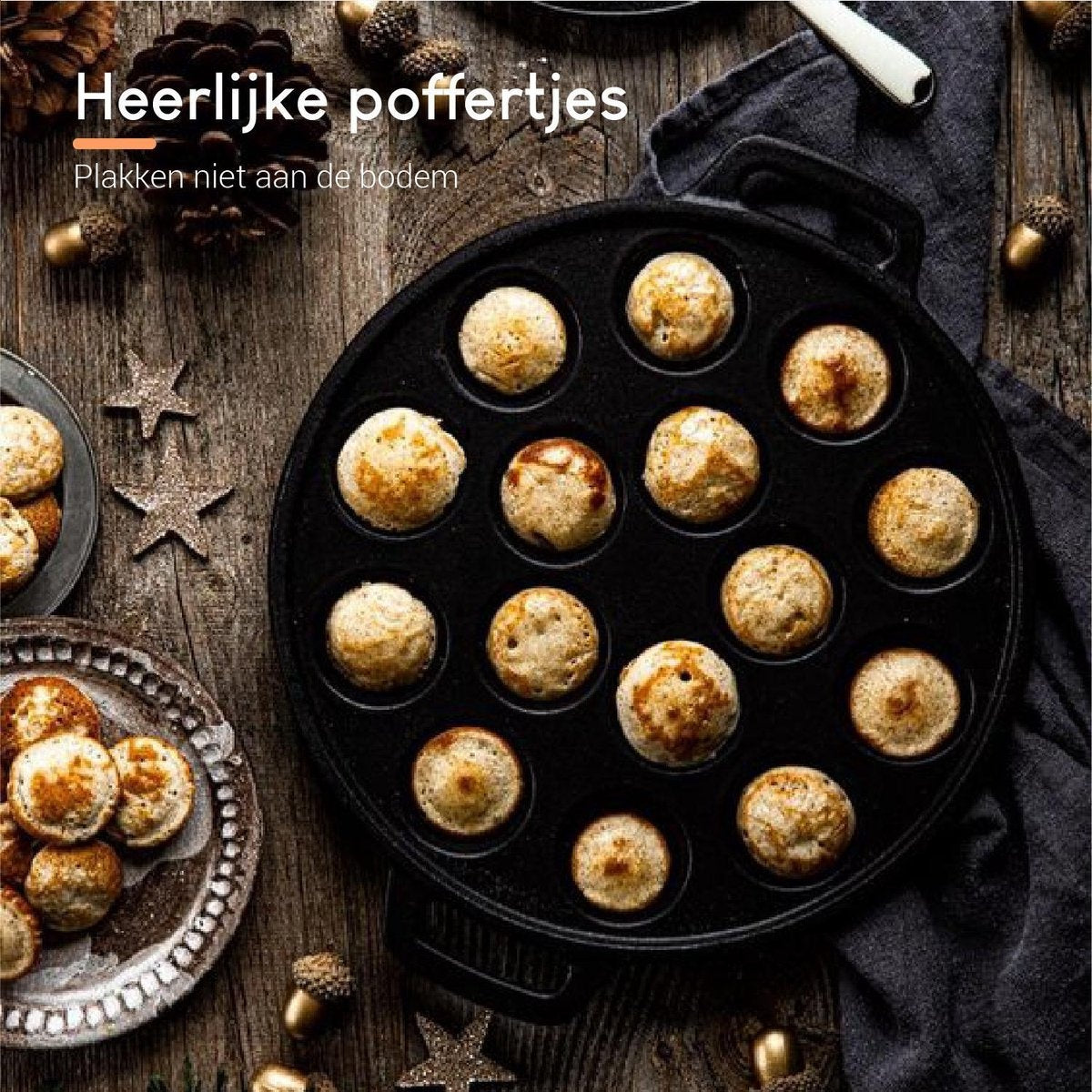 Ocina Poffertjes-Pfanne - Combo-Pack - 19 Poffertjes - Poffertjes-Maschine - Poffertjes-Pfanne Induktion - Poffertjes-Pfanne elektrisch - Gusseisenpfanne - Inklusive Spenderflasche, Griffe, 6x Poffertjes-Gabeln und Fettbürste - Gratis-Rezeptbuch