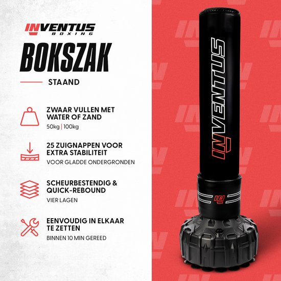 Inventus Boxsack Standing - 185 cm - Standing Boxing Pole - mit Wasser / Sand füllen - Boxen und Training - Schwerer Boxsack - Erwachsene - Schwarz