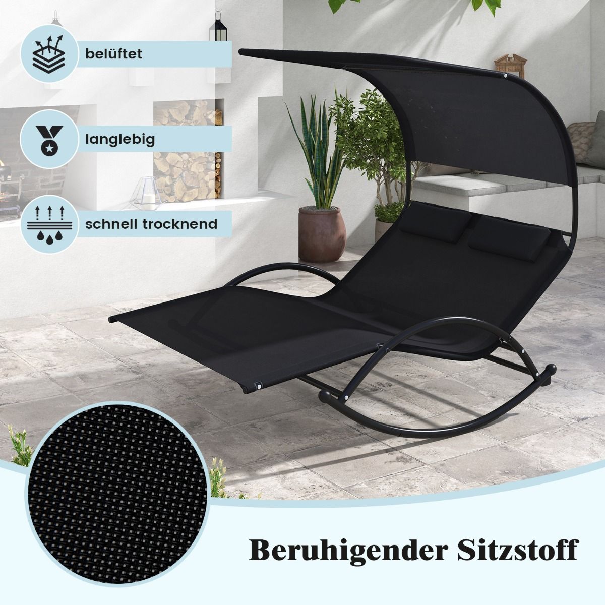 Coast 2-Personen-Schaukelstuhl mit Sonnendach - 182 x 137 x 165 cm - Schwarz