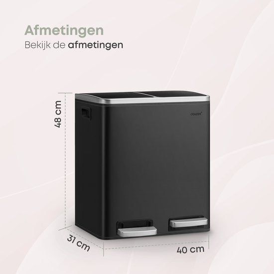 O'DADDY® Mülleimer Abfalltrennung - 30 Liter - Softclose-Doppelfächer - Mülleimer - Mülleimer - Treteimer - Mülleimer - Mülleimer 2x 15L Fassungsvermögen - inkl. Müllbeutel - Kompaktes Design - Metall - Schwarz