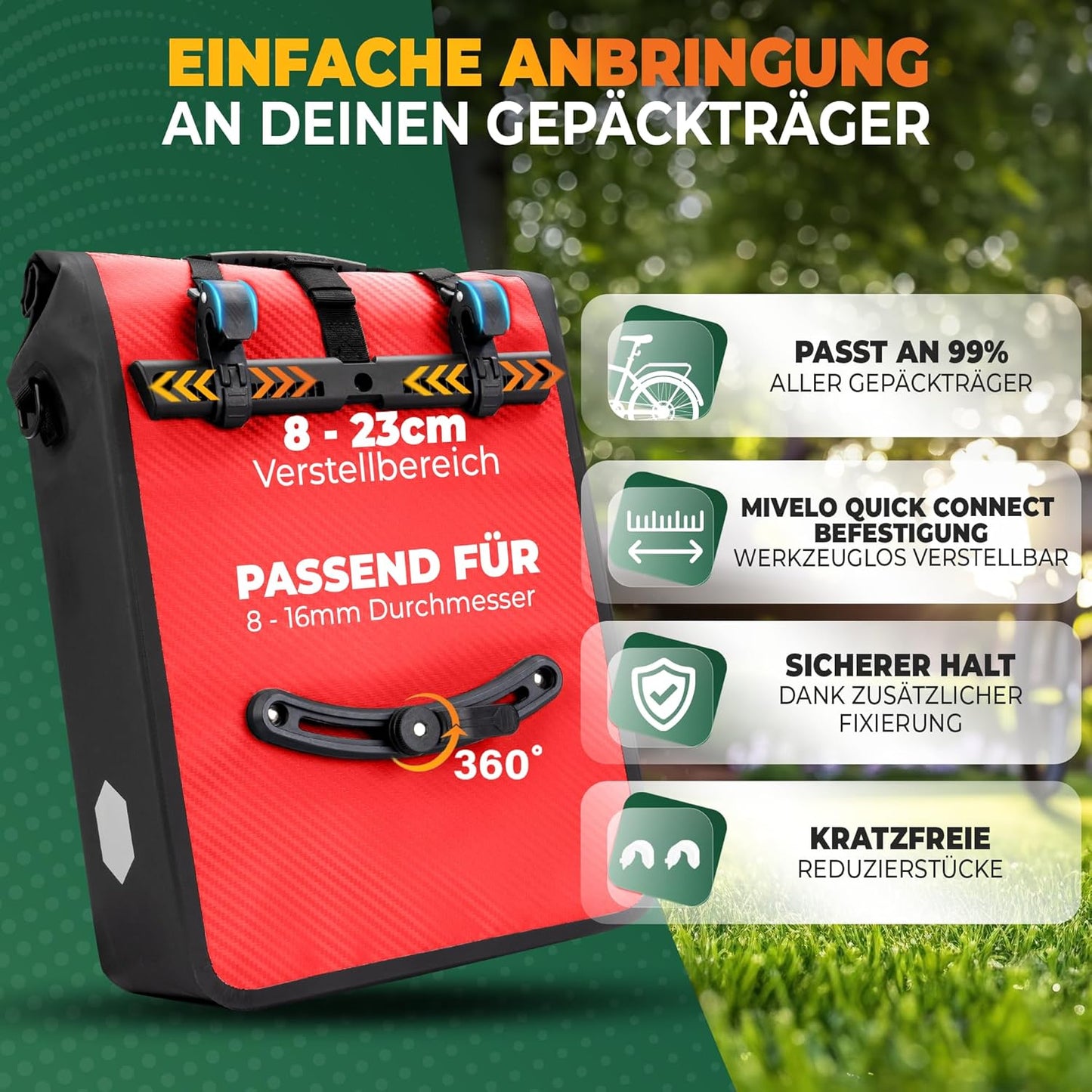 MIVELO 2-in-1 wasserdichte Gepäckträgertasche für Gepäckträger - Rot Carbon - 22 L